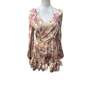 Lilly's Kloset Tan Floral Print Silk V Neck Long Sleeve Shorts Romper / Size: L